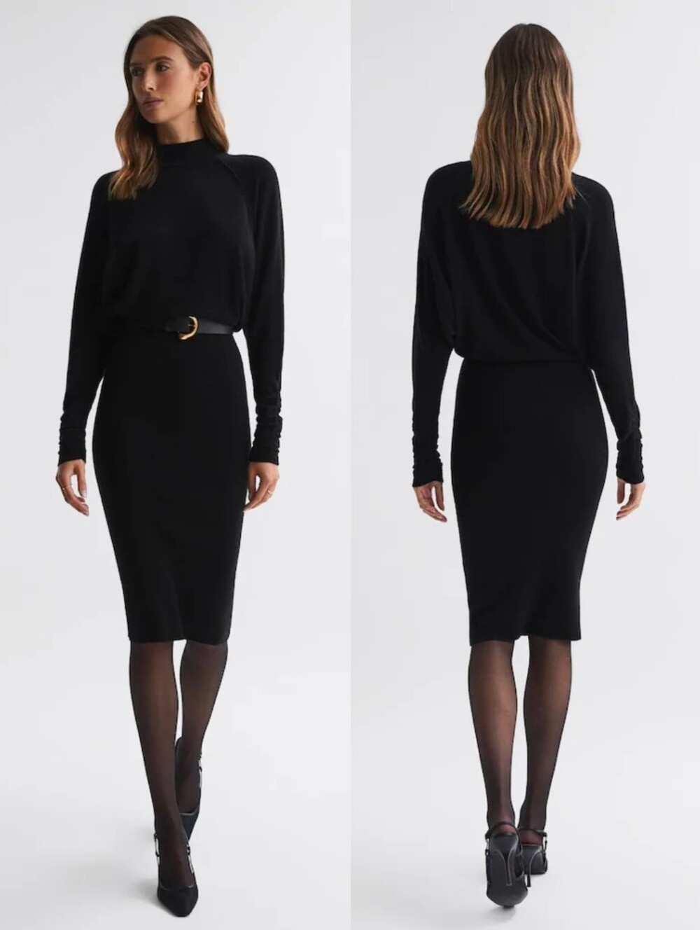 REISS Black Freya Wool Cashmere Blend Ruched Sleeve Midi Dress